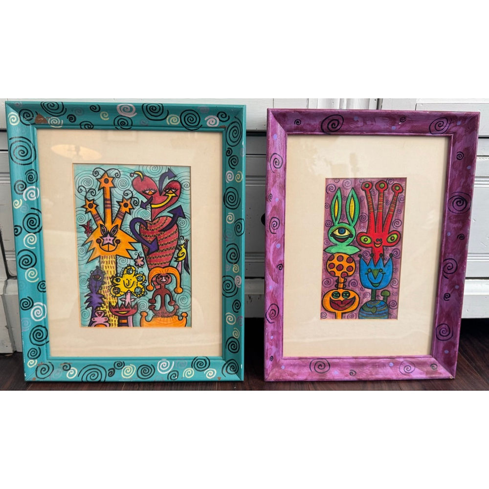Tony Paulvir-Fuller Signed Folk Art Framed Pair “Into the Garden” & “Double Date